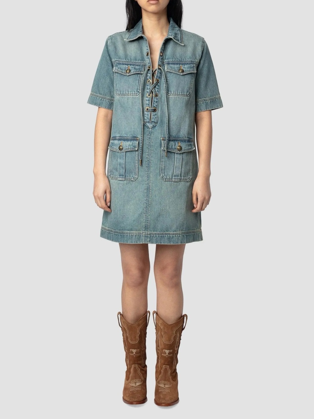 Zadig & Voltaire Washed Blue Denim Lace-Up Mini Dress